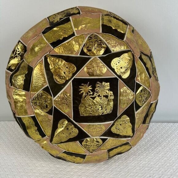 Vintage Handmade Genuine Leather Made in Egypt Pouf Ottoman Pyramids Empty - Picture 2 of 9